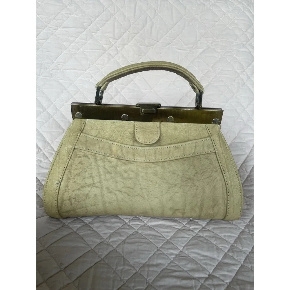 Vintage 1970 Christin Genuine Leather‎ Kiss Lock Doctor Bag Cream Top Handle